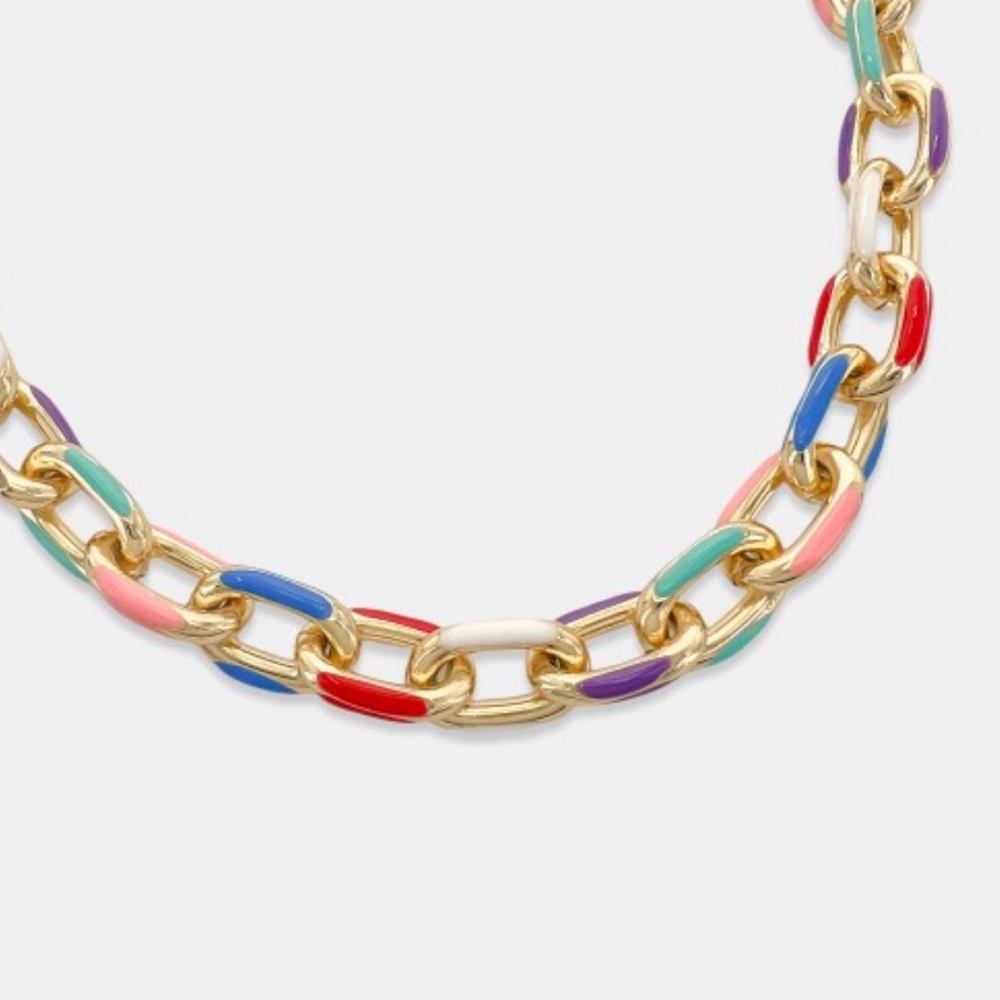 NEW ENAMEL PAPERCLIP Multicolor NECKLACE 14k plated Gold tone Chainlink Festival - Picture 3 of 5
